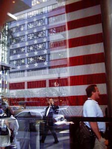 Giant American flag in a midtown lobby